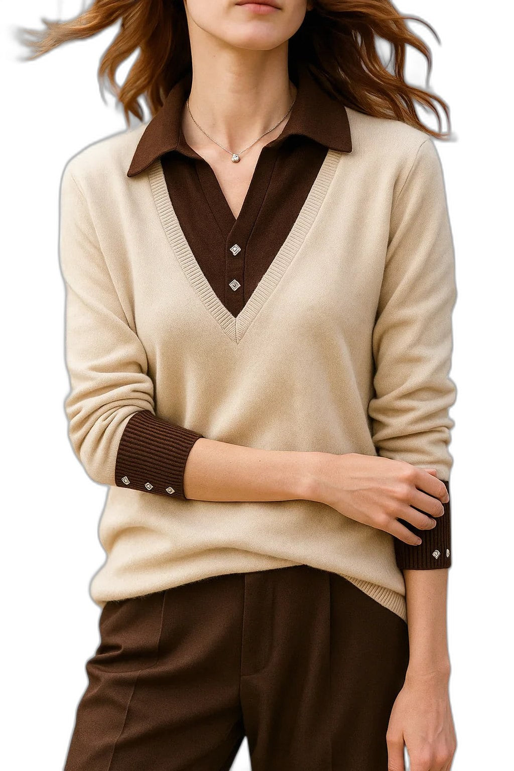 Effortless Brown Knit Sweater for Women with Collared Long Sleeve Casual Style