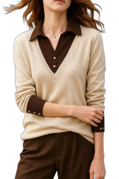 Effortless Brown Knit Sweater for Women with Collared Long Sleeve Casual Style