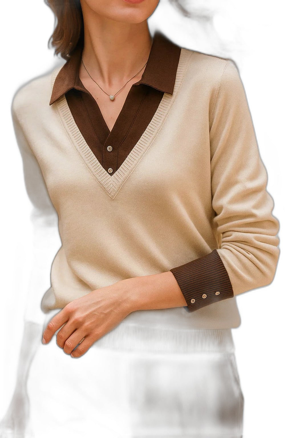 Effortless Brown Knit Sweater for Women with Collared Long Sleeve Casual Style