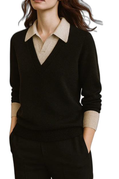 Effortless Brown Knit Sweater for Women with Collared Long Sleeve Casual Style