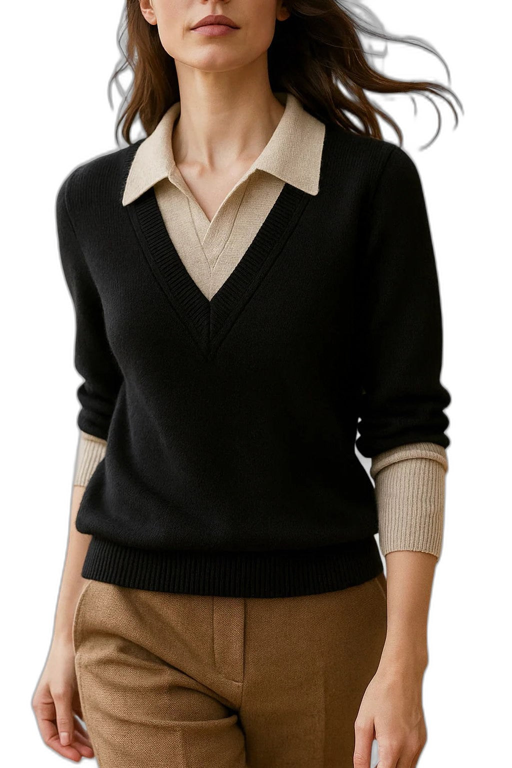 Effortless Brown Knit Sweater for Women with Collared Long Sleeve Casual Style
