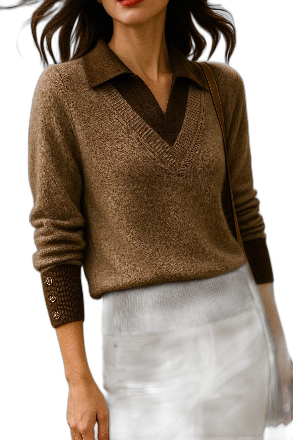 Effortless Brown Knit Sweater for Women with Collared Long Sleeve Casual Style