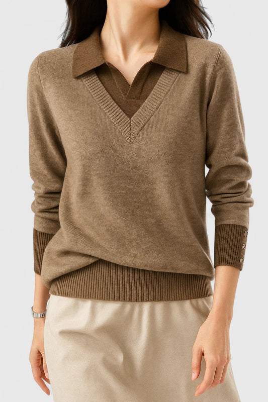 Effortless Brown Knit Sweater for Women with Collared Long Sleeve Casual Style