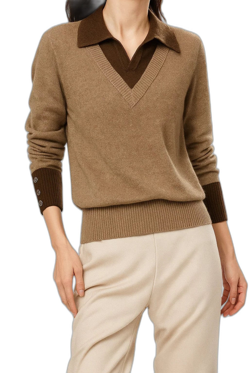 Effortless Brown Knit Sweater for Women with Collared Long Sleeve Casual Style