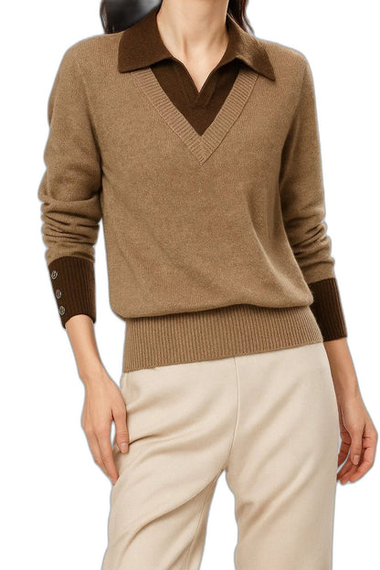 Effortless Brown Knit Sweater for Women with Collared Long Sleeve Casual Style