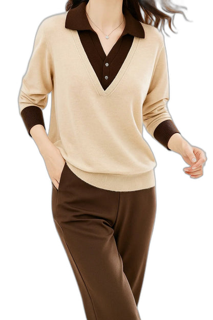 Effortless Brown Knit Sweater for Women with Collared Long Sleeve Casual Style