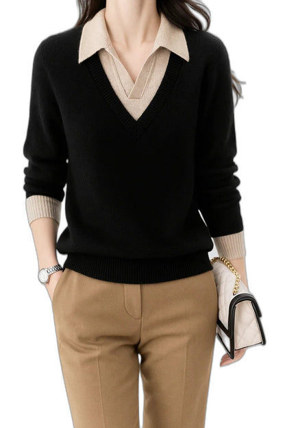 Effortless Brown Knit Sweater for Women with Collared Long Sleeve Casual Style