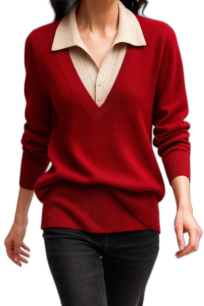 Effortless Brown Knit Sweater for Women with Collared Long Sleeve Casual Style