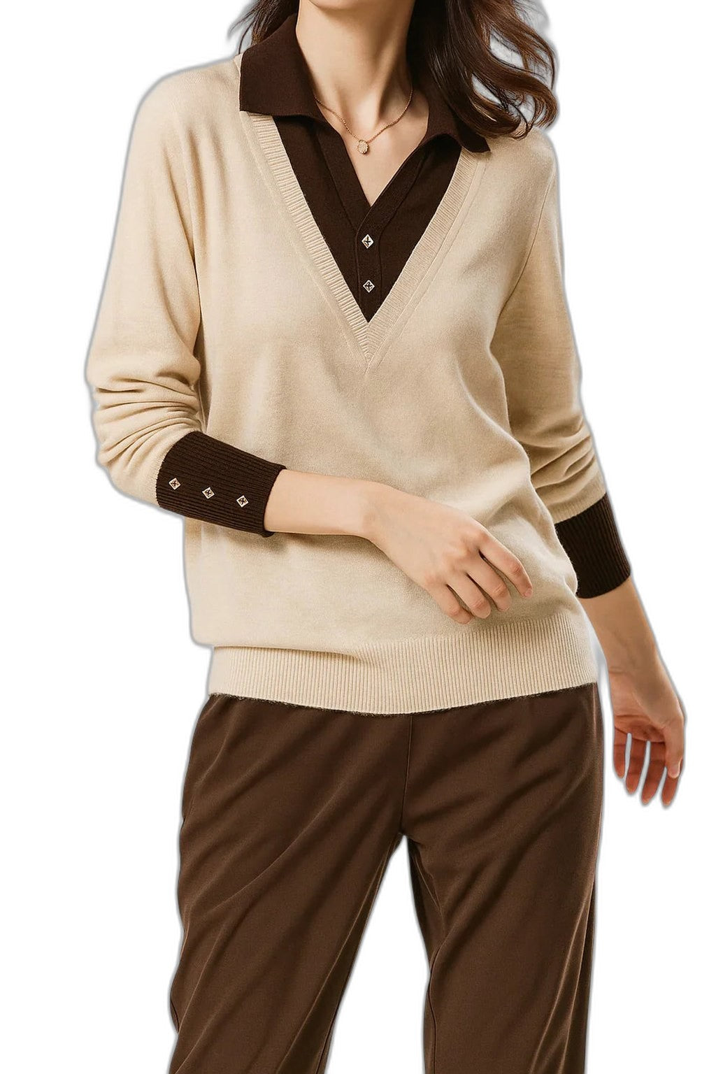 Effortless Brown Knit Sweater for Women with Collared Long Sleeve Casual Style
