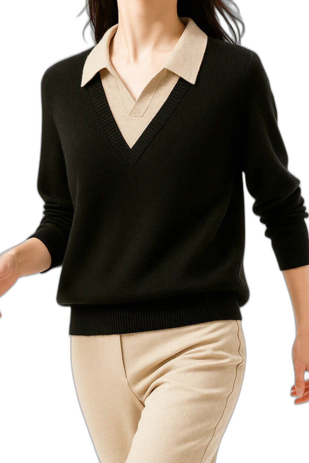 Effortless Brown Knit Sweater for Women with Collared Long Sleeve Casual Style