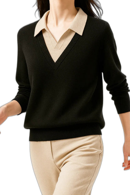 Effortless Brown Knit Sweater for Women with Collared Long Sleeve Casual Style