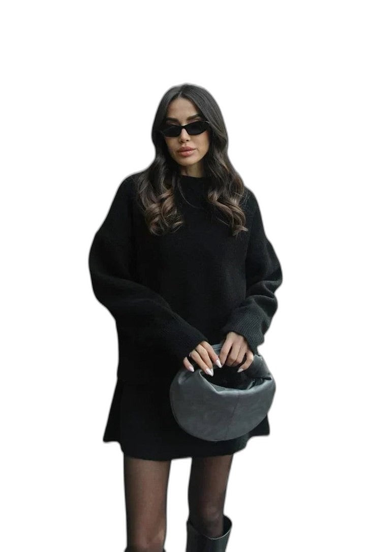 Effortless Brown Knit Sweater for Women with Crew Neck Long Sleeve Oversized Casual Style