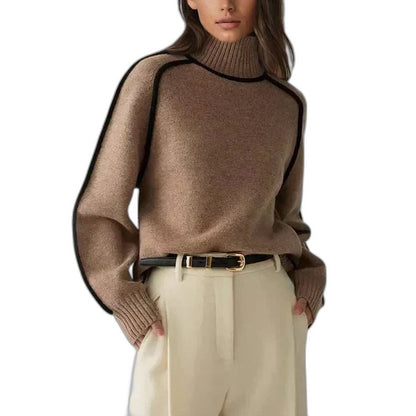 Effortless Brown Knit Sweater for Women with Turtleneck Long Sleeve Oversized Casual Style