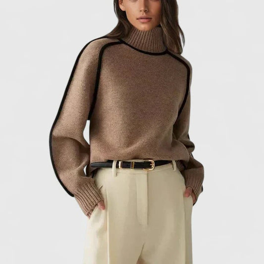 Effortless Brown Knit Sweater for Women with Turtleneck Long Sleeve Oversized Casual Style