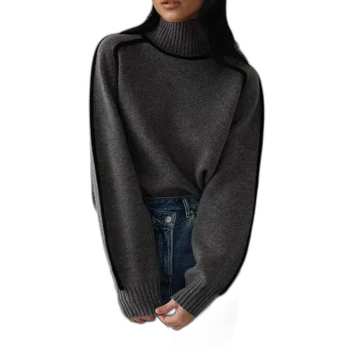 Effortless Brown Knit Sweater for Women with Turtleneck Long Sleeve Oversized Casual Style