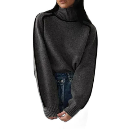 Effortless Brown Knit Sweater for Women with Turtleneck Long Sleeve Oversized Casual Style