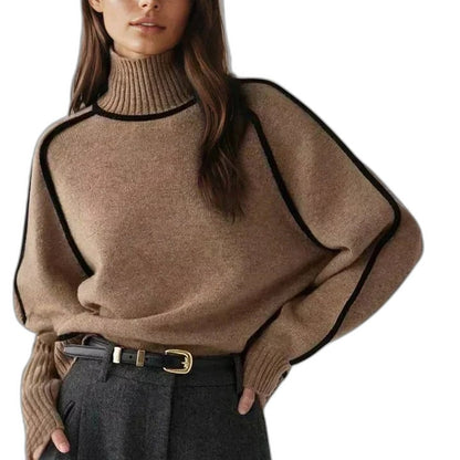 Effortless Brown Knit Sweater for Women with Turtleneck Long Sleeve Oversized Casual Style