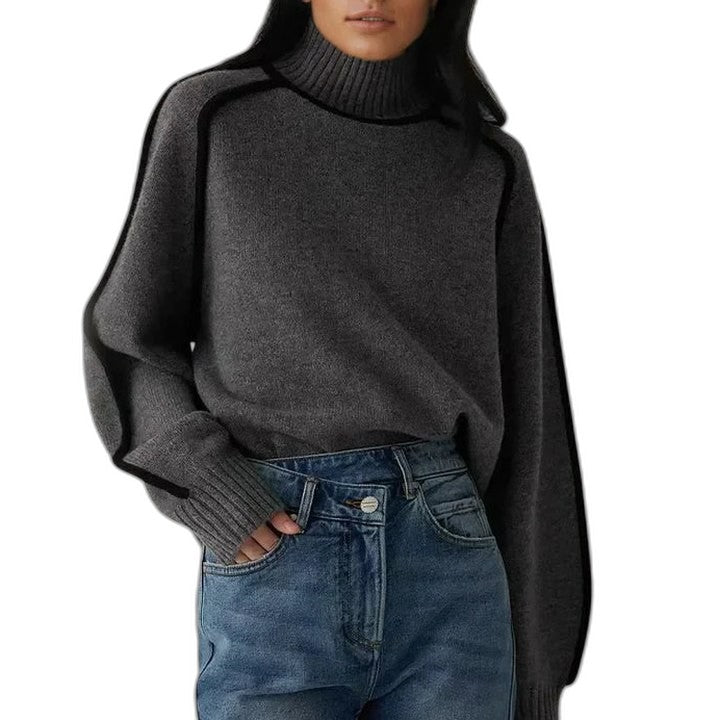 Effortless Brown Knit Sweater for Women with Turtleneck Long Sleeve Oversized Casual Style
