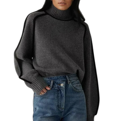Effortless Brown Knit Sweater for Women with Turtleneck Long Sleeve Oversized Casual Style