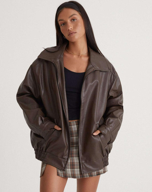 Effortless Brown Leather Jacket for Women with Collared Long Sleeve Oversized Pockets Casual Style