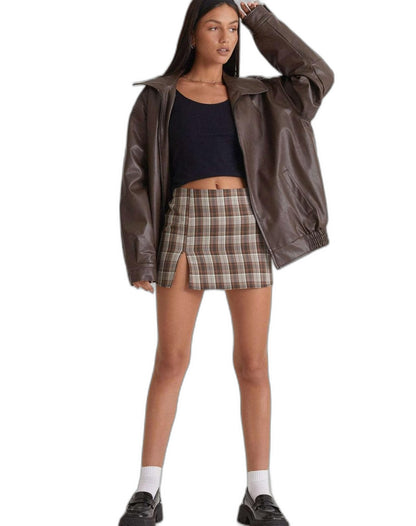 Effortless Brown Leather Jacket for Women with Collared Long Sleeve Oversized Pockets Casual Style