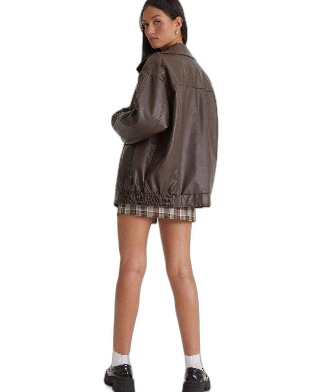 Effortless Brown Leather Jacket for Women with Collared Long Sleeve Oversized Pockets Casual Style