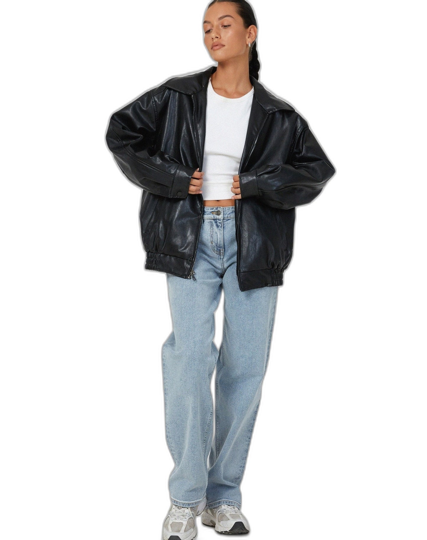 Effortless Brown Leather Jacket for Women with Collared Long Sleeve Oversized Pockets Casual Style