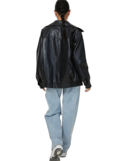 Effortless Brown Leather Jacket for Women with Collared Long Sleeve Oversized Pockets Casual Style