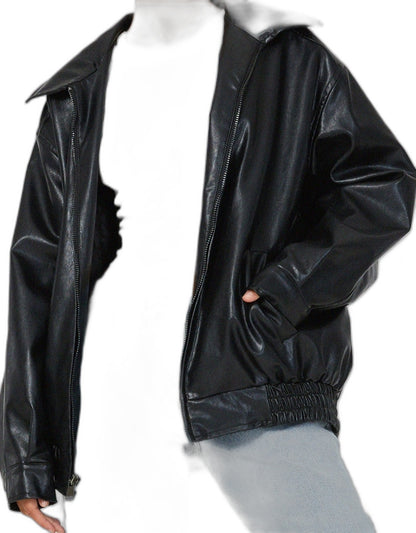Effortless Brown Leather Jacket for Women with Collared Long Sleeve Oversized Pockets Casual Style