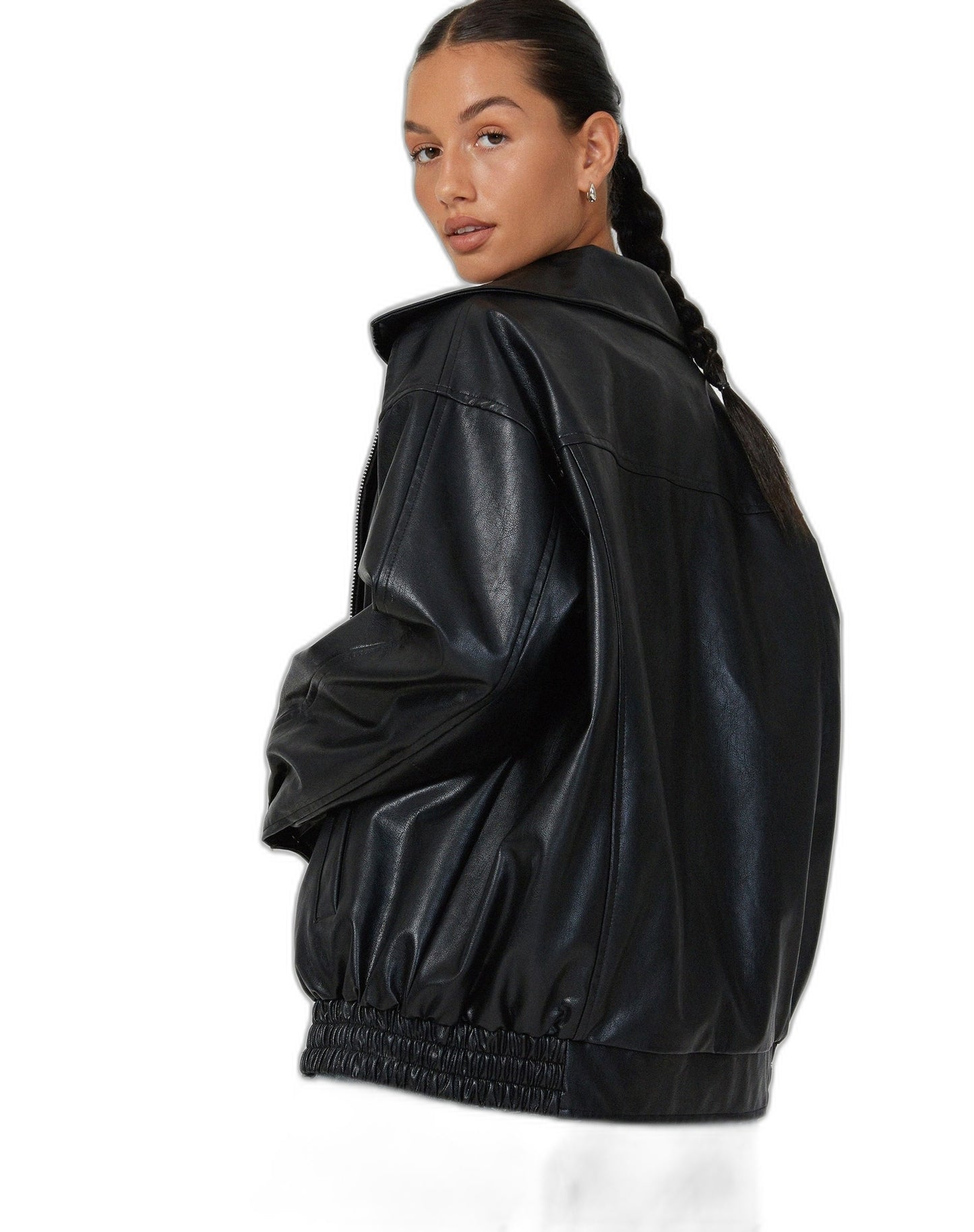 Effortless Brown Leather Jacket for Women with Collared Long Sleeve Oversized Pockets Casual Style
