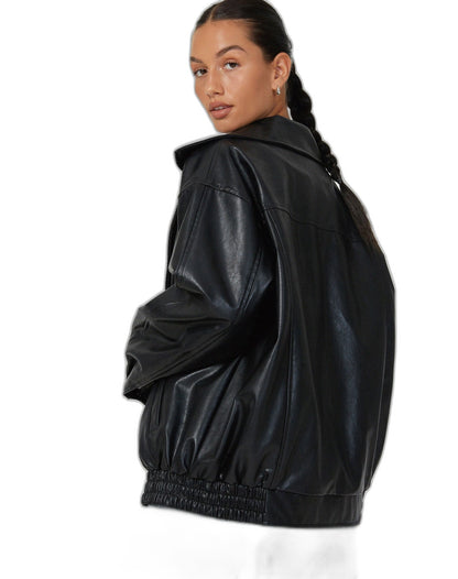 Effortless Brown Leather Jacket for Women with Collared Long Sleeve Oversized Pockets Casual Style