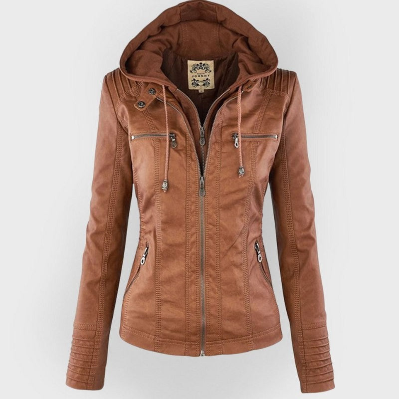 Effortless Brown Leather Jacket for Women with Collared Long Sleeve Pockets Casual Style