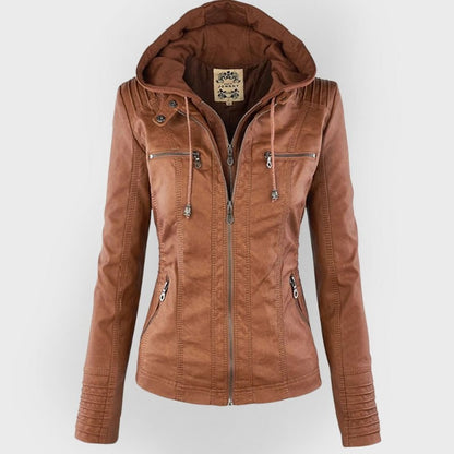 Effortless Brown Leather Jacket for Women with Collared Long Sleeve Pockets Casual Style