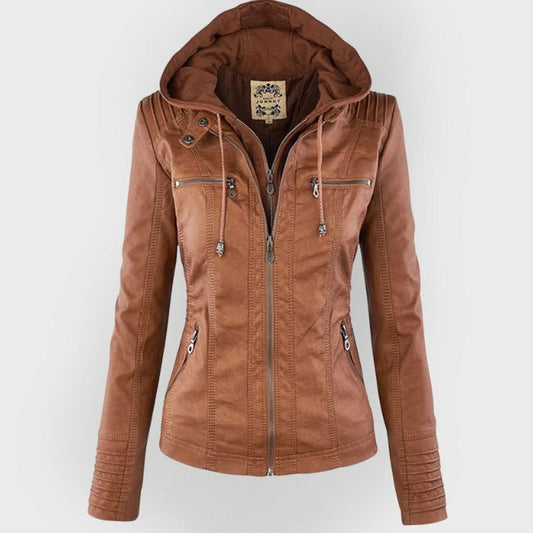 Effortless Brown Leather Jacket for Women with Collared Long Sleeve Pockets Casual Style