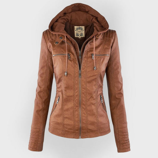 Effortless Brown Leather Jacket for Women with Collared Long Sleeve Pockets Casual Style