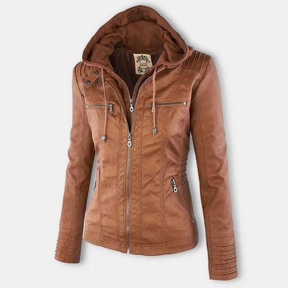 Effortless Brown Leather Jacket for Women with Collared Long Sleeve Pockets Casual Style