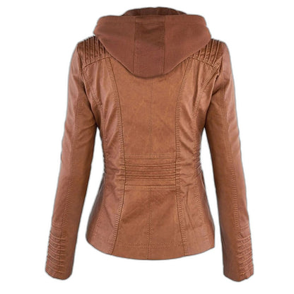 Effortless Brown Leather Jacket for Women with Collared Long Sleeve Pockets Casual Style