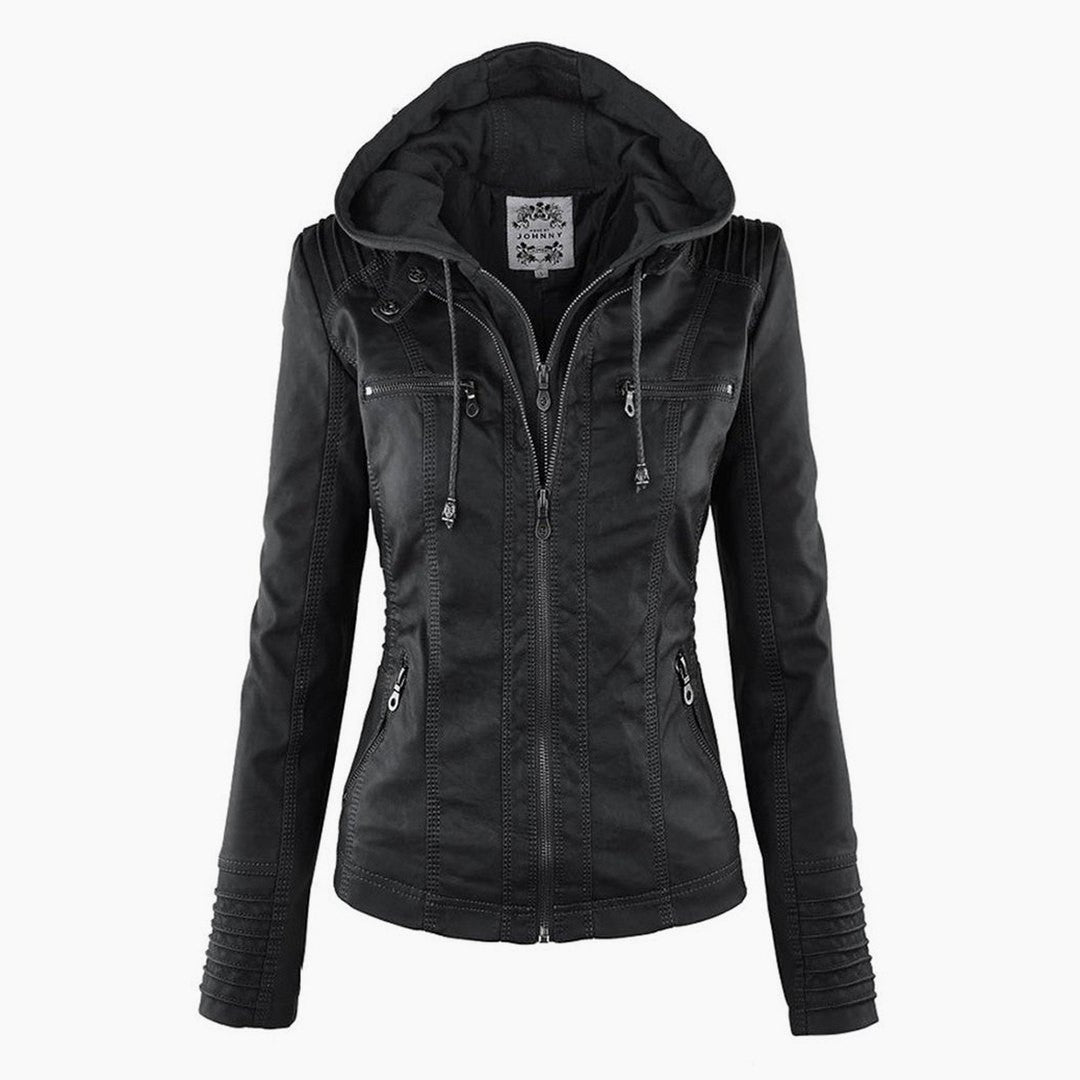 Effortless Brown Leather Jacket for Women with Collared Long Sleeve Pockets Casual Style