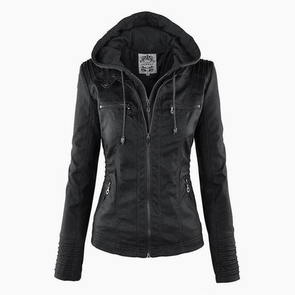 Effortless Brown Leather Jacket for Women with Collared Long Sleeve Pockets Casual Style