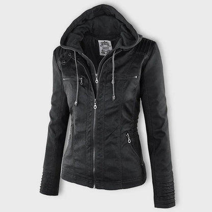 Effortless Brown Leather Jacket for Women with Collared Long Sleeve Pockets Casual Style
