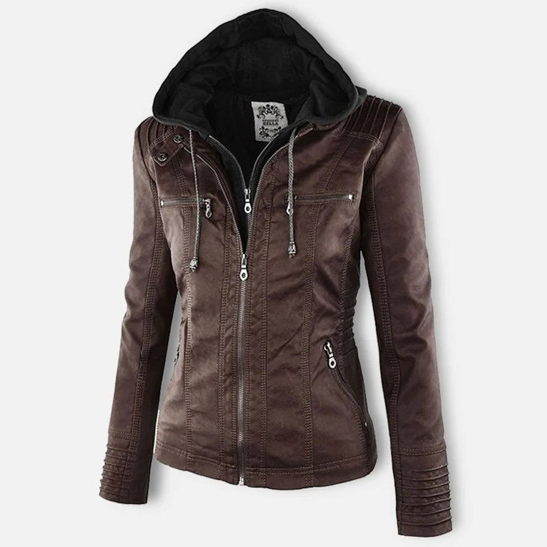 Effortless Brown Leather Jacket for Women with Collared Long Sleeve Pockets Casual Style