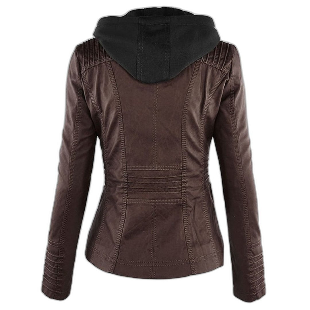 Effortless Brown Leather Jacket for Women with Collared Long Sleeve Pockets Casual Style