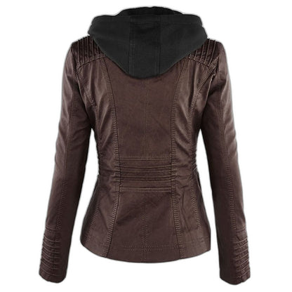 Effortless Brown Leather Jacket for Women with Collared Long Sleeve Pockets Casual Style