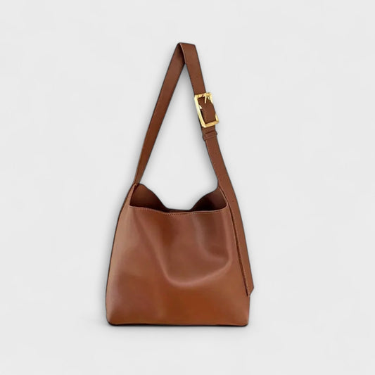 Effortless Brown Leather Shoulder Bag for Women with Buckle Casual Style