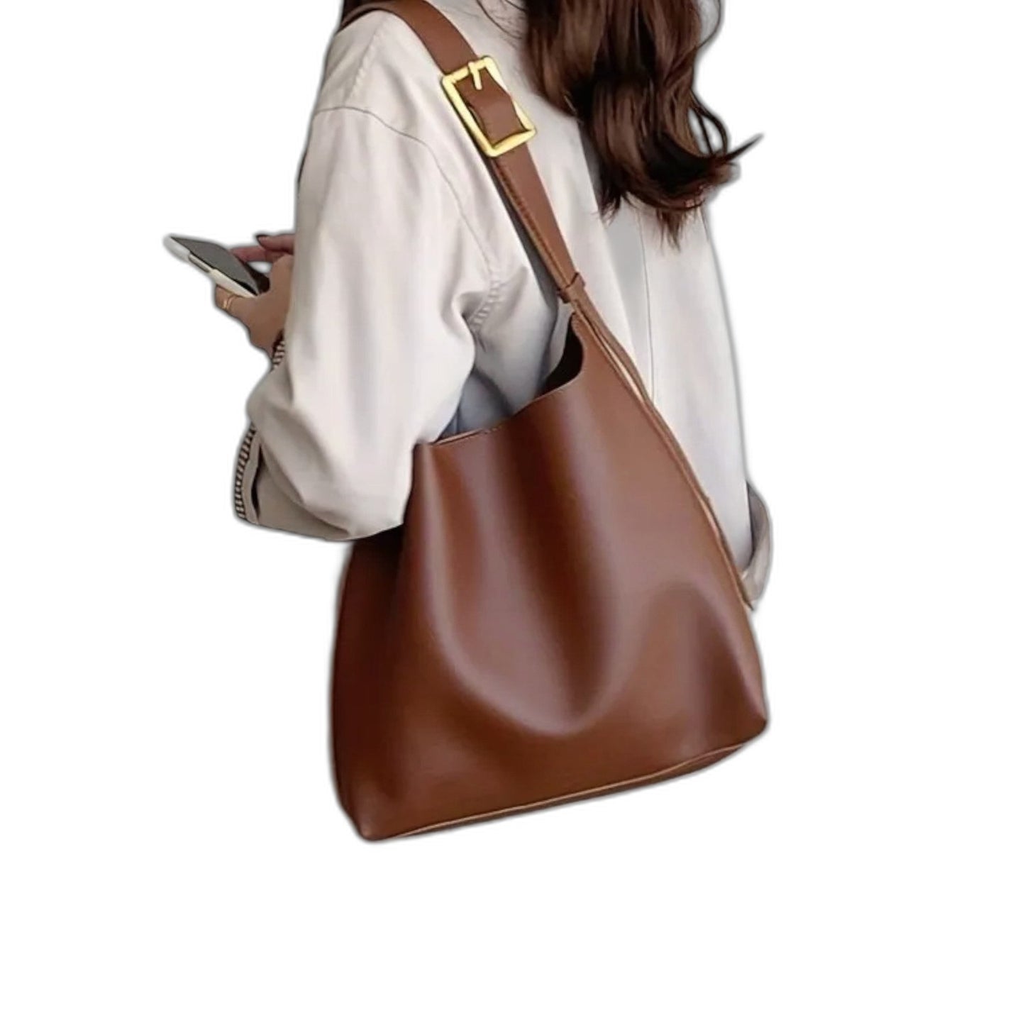 Effortless Brown Leather Shoulder Bag for Women with Buckle Casual Style