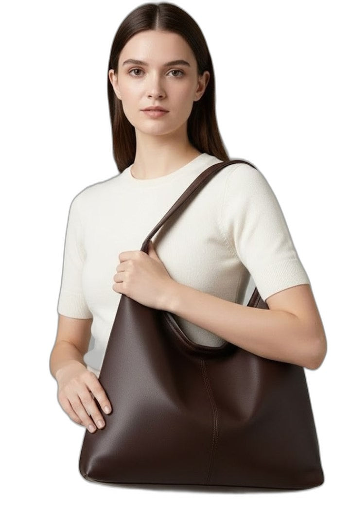 Effortless Brown Leather Shoulder Bag for Women with Pockets Tote Casual Style