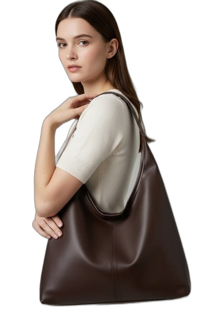 Effortless Brown Leather Shoulder Bag for Women with Pockets Tote Casual Style