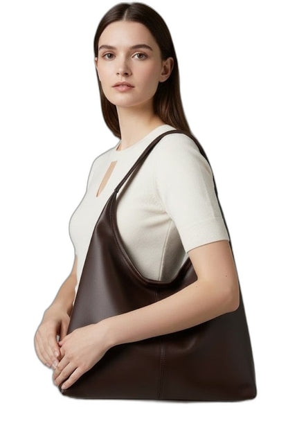 Effortless Brown Leather Shoulder Bag for Women with Pockets Tote Casual Style