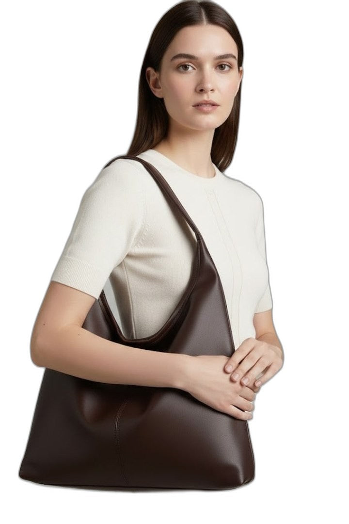 Effortless Brown Leather Shoulder Bag for Women with Pockets Tote Casual Style