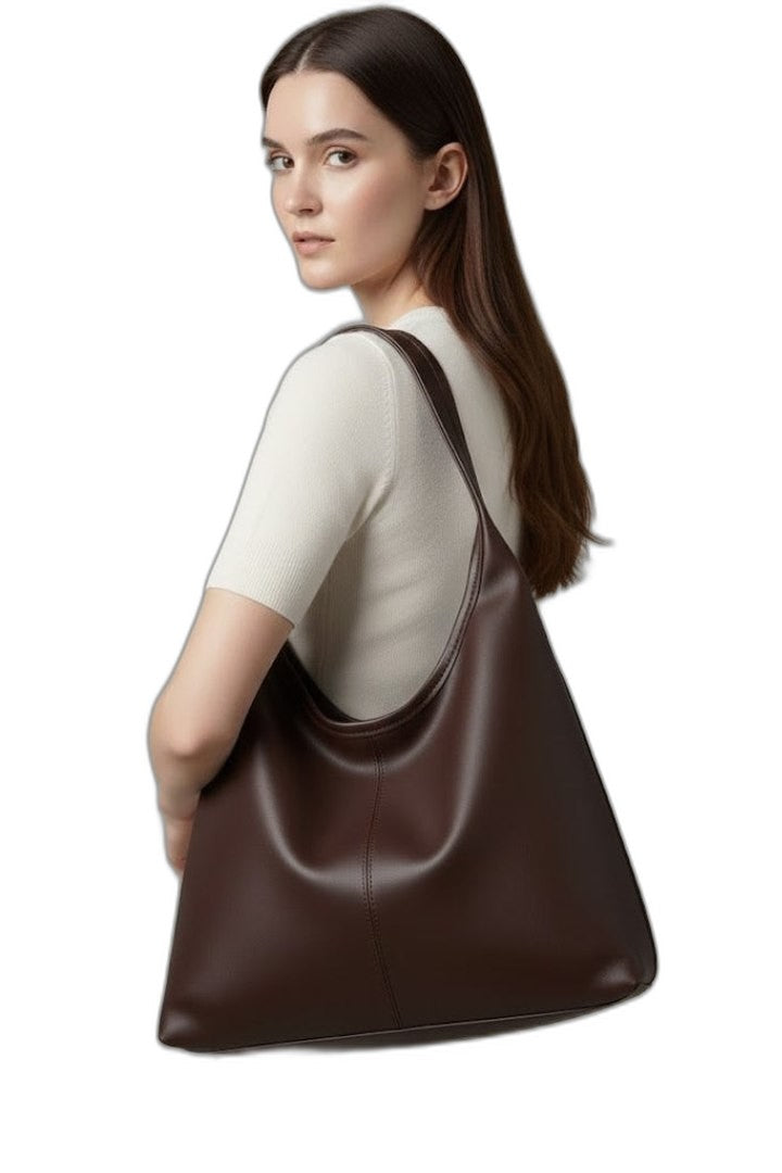 Effortless Brown Leather Shoulder Bag for Women with Pockets Tote Casual Style